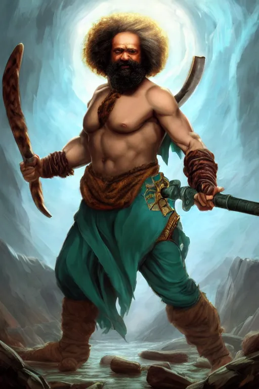 Image similar to character portrait karl marx as a buff wild magic barbarian with a third eye on the forehead and body warpaint, dungeons and dragons cover artwork, dynamic composition, dramatic lighting, trending on artstation, award winning art, stylized painting by sophie anderson, leonardo da vinci and raphael, concept art, 4 k, 8 k, gold and teal color scheme