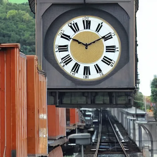 Prompt: gigant clock in front of a train