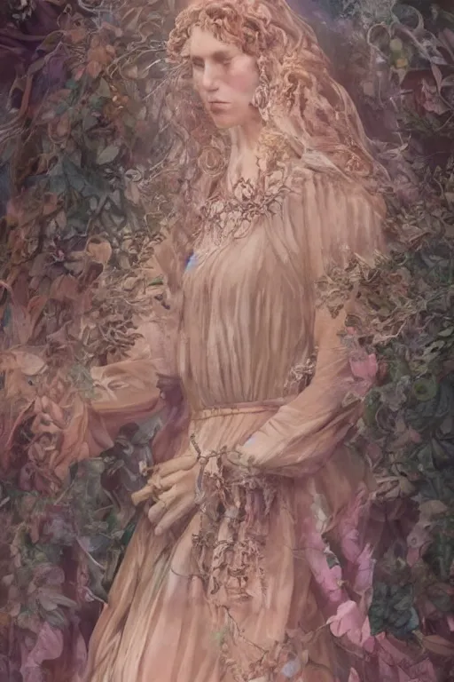 Image similar to elaborately hyperdetailed pre-raphaelite illustration of an extremely beautiful regal woman with an imponent crown, eerie mist and ethereal pink bubbles, surrealistic, Aetherpunk, film noir lighting, bright background, moonlight, high fantasy professionally painted digital art painting, smooth, sharp focus, highly detailed illustration highlights, backlight, golden ratio, 8K detail post-processing, symmetrical facial features, rich deep moody colors, award winning picture, trending on cgsociety and on ArtstationHQ, very coherent symmetrical artwork, poster art