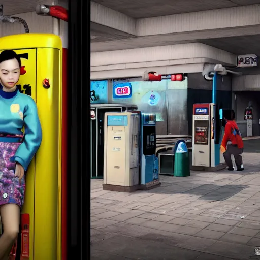 Image similar to a chinese woman at a gas station, video game, 3 d render, source engine, half life 2, portal 2, gmod, portrait, fashion photography, by david bailey, mario testino, davide sorrenti