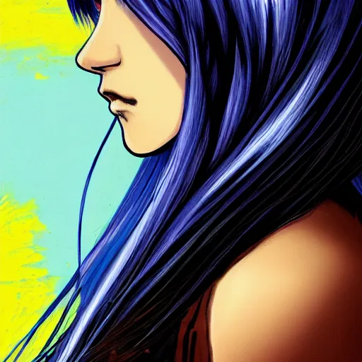 Image similar to profile shot of rimuru tempest, sky blue straight hair, long bangs, gold eyes, wearing a black jacket with white stripes, high collar, ultra detailed, wild brush strokes, digital painting, cinematic, wlop, galactic background, pixiv, color block, eerie, scary, yoshitaka amano, ilya kuvshinov, andy warhol