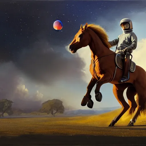 Prompt: the horse is a sphere, in a space vacuum, hyperrealism, no blur, 4 k resolution, ultra detailed, style of ron cobb, adolf hiremy - hirschl, syd mead, ismail inceoglu, rene margitte