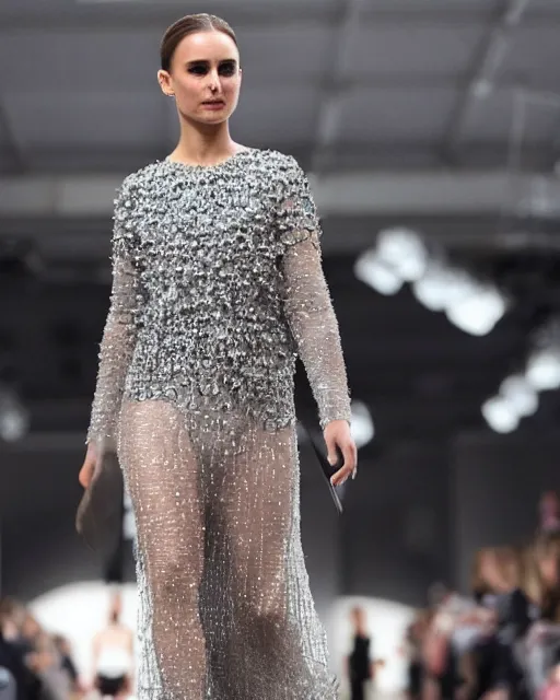 Image similar to nathalie portman at the new york fashion week, wearing an outfit made from crystals, photo by greg rutkowski, soft lighting, female beauty, intricate detail, elegance, sharp shapes, masterpiece