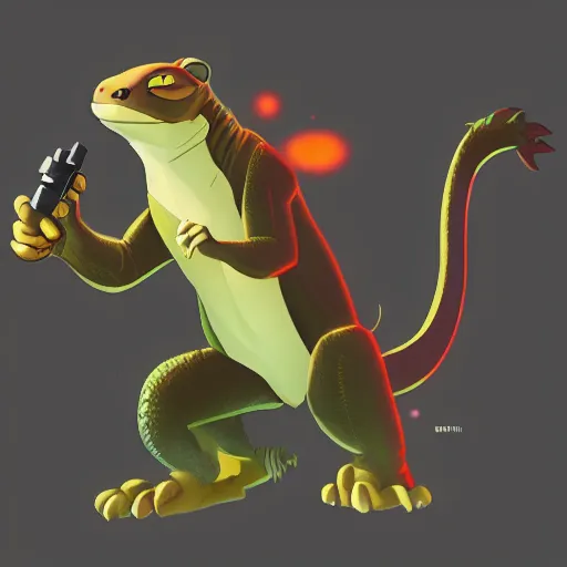 Image similar to “ komodo dragon in the style of zootopia holding laser gun, floating alone, with a black background, digital art, award winning, trending on art station, retro style ”