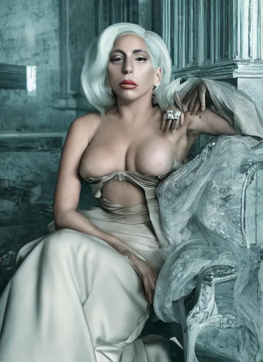 Image similar to lady gaga styled by annie leibovitz posing in an expensive mansion setting , vogue magazine, Highly realistic. High resolution. Highly detailed. Dramatic. 8k.4k.