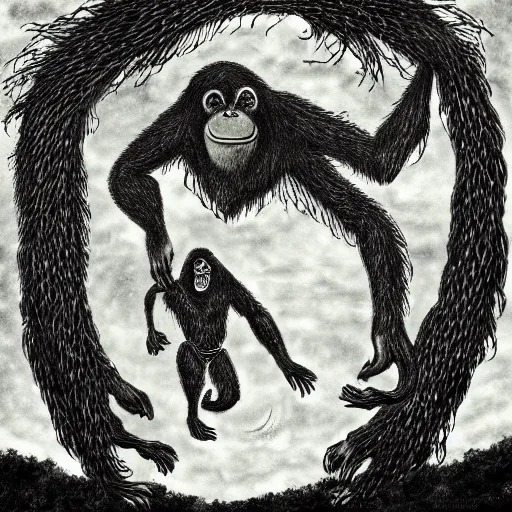 Image similar to orangutan descending from heaven, in the style of deathspell omega's fas album cover