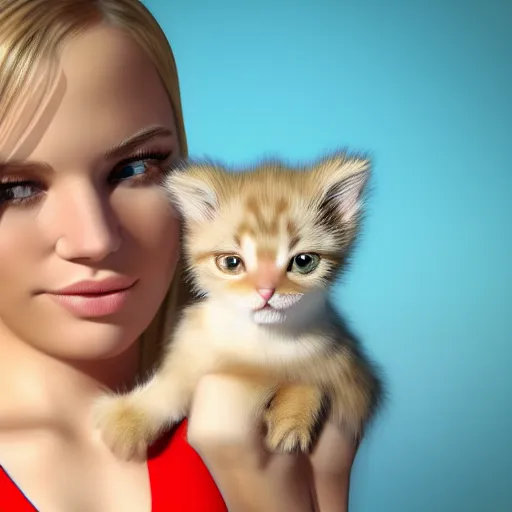 Image similar to photorealistic portrait of blonde young women in bathing suit holding kitten over her head, 3d cgi, photorealistic, cute,