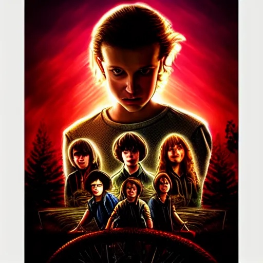 Image similar to Twilight season of Stranger Things, Edward, Bella, photorealistic, dramatic lighting, soft, sharp focus