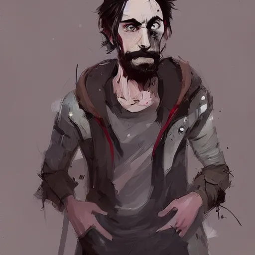 Image similar to human male character art, by Ismail Inceoglu, dark hair, beard, sunken eyes, scars, shabby clothes, digital art, dungeons and dragons, art