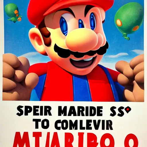 Prompt: super Mario standing tall looking to the side of the camera, cold war propaganda poster