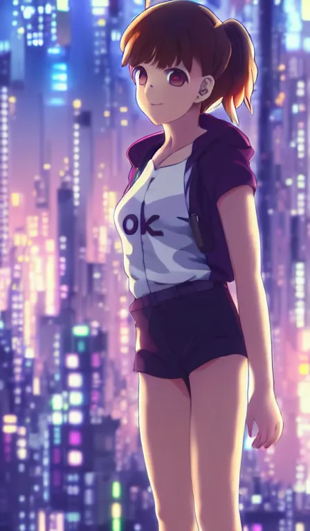 Image similar to anime fine details portrait of ochaco uraraka in front of cyberpunk moder city landscape on the background deep bokeh, close-up view, anime masterpiece by Studio Ghibli. 8k, sharp high quality anime, artstation