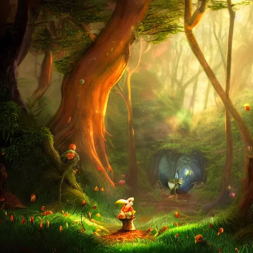 Image similar to tall mysterious woods, a fairy and a gnome go by their own business, light shining through, mushrooms on the ground, warm lighting, concept art, award winning concept art, Thomas Cole, 4k, 8k,