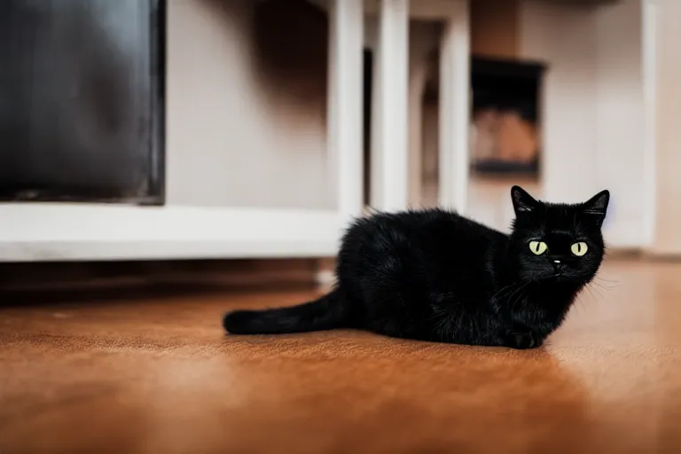 Prompt: a cute black cat meowing while standing on the shiny wooden house floor with some carpeting around it, photograph, 4 k