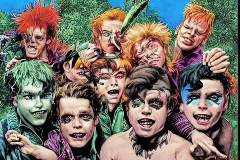 Image similar to 1 9 8 0's punk rock lost boys of neverland fighting an adult peter pan who abandoned them. london. art by glenn fabry. hyper realistic. london.