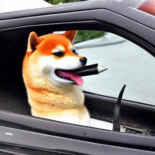 Prompt: shiba inu smoking a cigar inside a toyota supra