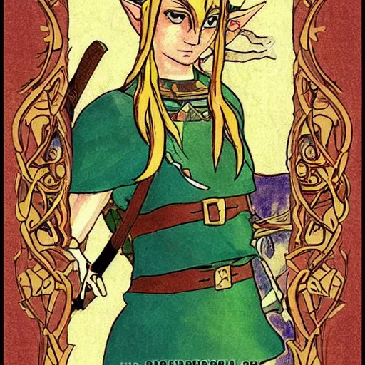 Image similar to the legend of Zelda, in the style of art nouveau,