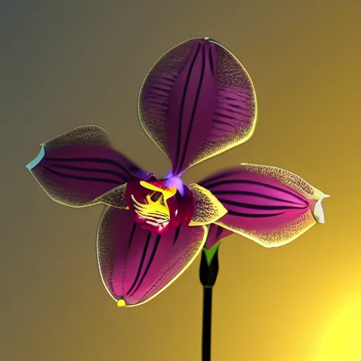 Image similar to an orchid flower, made of metal, cybertronic, reflective, glowing, unreal engine