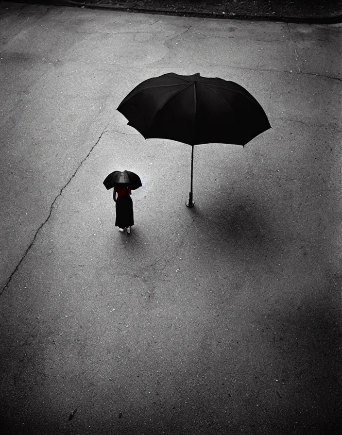 Image similar to “ gregory crewdson, photograph, quiet american neighborhood, a woman waiting with a black umbrella ”