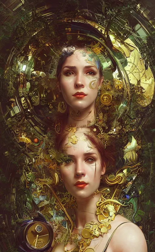 Prompt: hyper realistic time machine, cyberpunk, design on white background, beautiful details, lush foliage cyberpunk, gold, drawn by john singer sargent, tom bagshaw, norman rockwell, alphonso mucha, lolish, trending on artstation