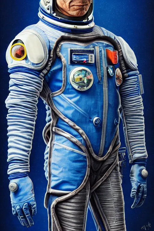 Image similar to a portrait of a muscular anthropomorphic cyberpunk blue iguana space mechanic in spacesuit armor with ensignia on chest plate by sandra chevrier, by jon foster, detailed render, pistol in holster, tape deck, epic composition, cybernetics, 4 k realistic, cryengine, realistic shaded lighting, sharp focus, masterpiece, by enki bilal