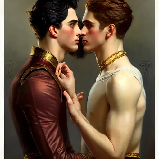 Prompt: attractive fully clothed king confesses his love for his attractive fully clothed male prince. highly detailed painting by j. c. leyendecker, tom bagshaw,