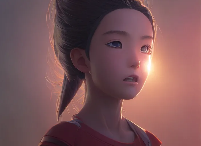 Image similar to a 3 d film animation still portrait of a 2 0 4 0's manga heroine, finely detailed features, sun light, painted by greg rutkowski, akira toriyama studio ghibli