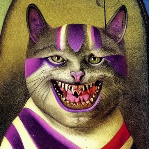 Prompt: stunning portrait of the purple striped cat of cheshire with a malicious smile by hieronymus bosch