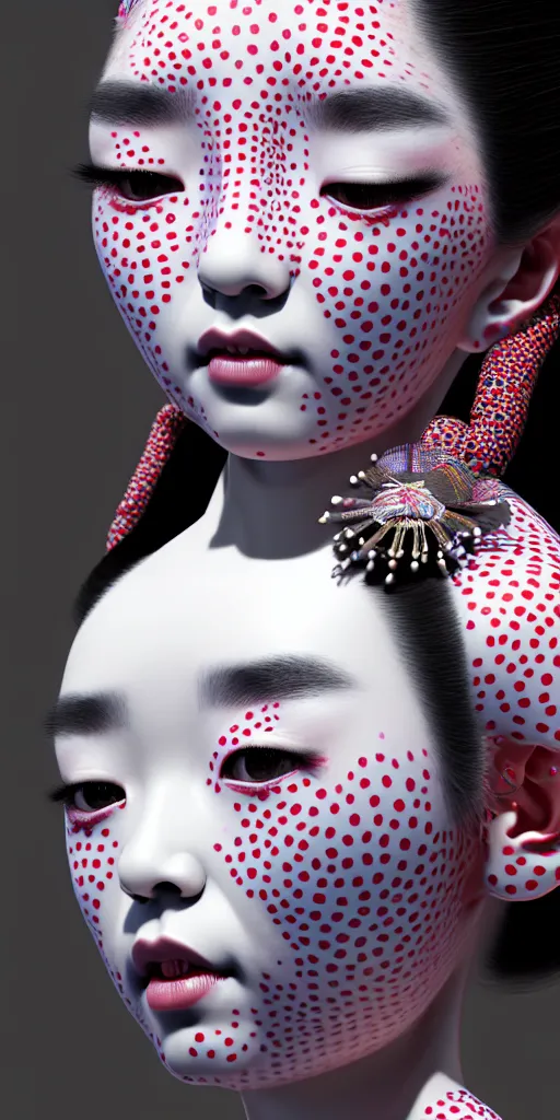 Image similar to hyperrealistic detailed image of a geisha in a art installation room, hd smooth interior by yayoi kusama, part by kei mieno, part by ross tran, dark art by james jean, ultra realistic, highly detailed, life like face, detailed body, 8 k, 3 d render by roger magrini, very cohesive, masterpiece