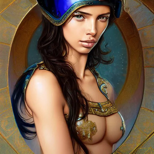 Image similar to an attractive young female wearing an blue ornate metallic helmet, adriana lima, olive skin, long dark hair, beautiful bone structure, intricate, elegant, highly detailed, digital painting, artstation, concept art, smooth, sharp focus, illustration, art by artgerm and greg rutkowski and alphonse mucha