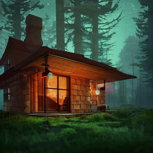 Prompt: A brick cabin in the woods rendered by Beeple, Makoto Shinkai, syd meade, simon stålenhag, environment concept, synthwave style, digital art, unreal engine, WLOP, trending on artstation, 4K UHD image, octane render