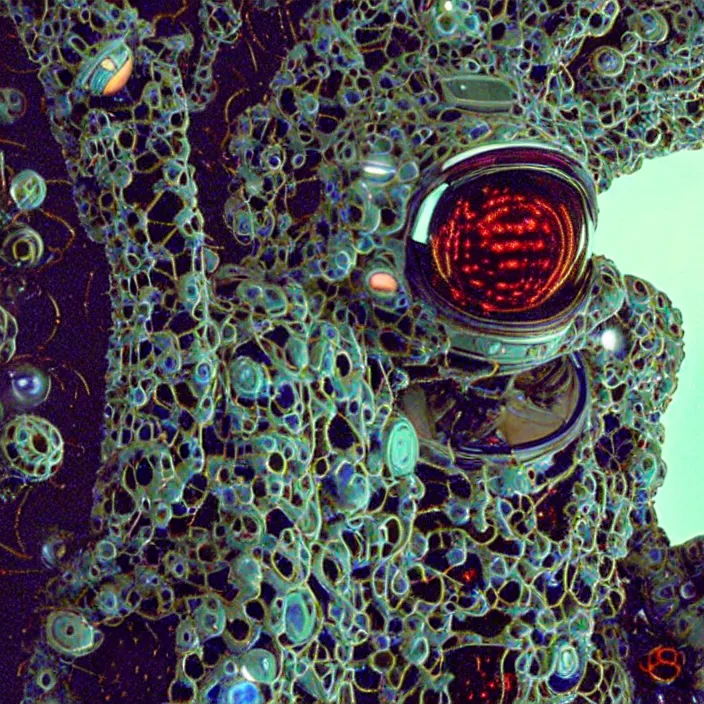 Image similar to a cybernetic symbiosis of a single astronaut mech-organic eva suit made of pearlescent wearing knitted shiny ceramic multi colored yarn thread infected with diamond 3d fractal lace iridescent bubble 3d skin dotted covered with orb stalks of insectoid compound eye camera lenses floats through the living room, film still from the movie directed by Denis Villeneuve with art direction by Salvador Dalí, wide lens,kevlar,carbon fiber,ceramics,gaseous materials,