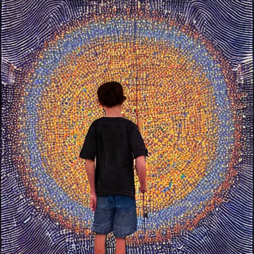 Image similar to a boy in a field with a sky background, a mosaic of screens by jeffrey smith, behance contest winner, generative art, circuitry, fractalism, behance hd