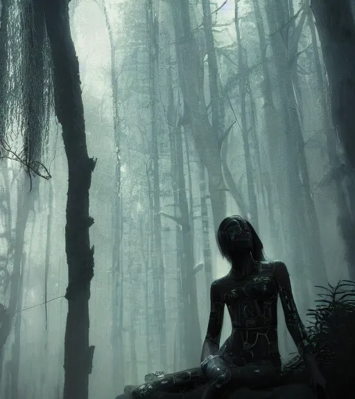 Prompt: daydreaming of the maiden in the cyberpunk forest by maciej kuciara, octane render, fog, volumetric lighting, hyperealistic, epic, masterpiece, majestic