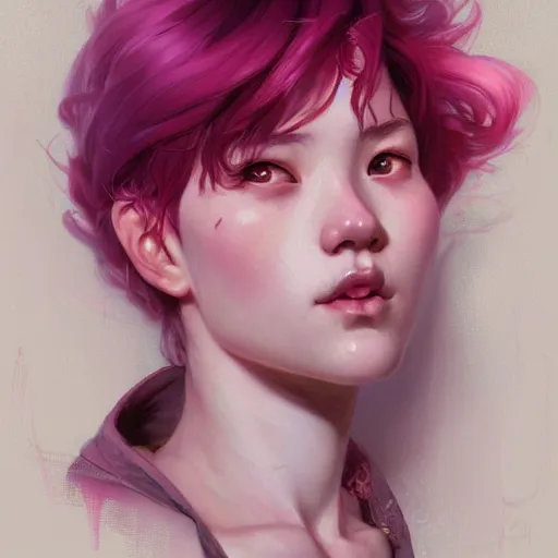 Prompt: Portrait of a eurasian tomboy with pink hair, glowing skin, fantasy, intricate, elegant, highly detailed, digital painting, artstation, concept art, smooth, sharp focus, illustration, art by Krenz Cushart and Artem Demura and alphonse mucha