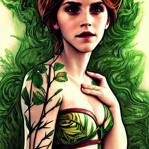 Image similar to Emma Watson Poison Ivy, cute, fantasy, intricate, elegant, highly detailed, digital painting, 4k, HDR, concept art, smooth, sharp focus, illustration, art by artgerm and H R Giger and alphonse mucha