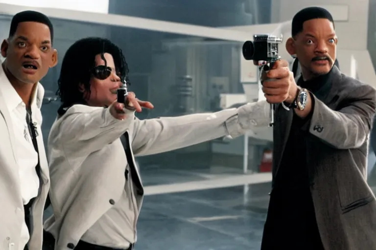 Image similar to michael jackson and will smith pointing the neuralyzer at men in black 3 iii