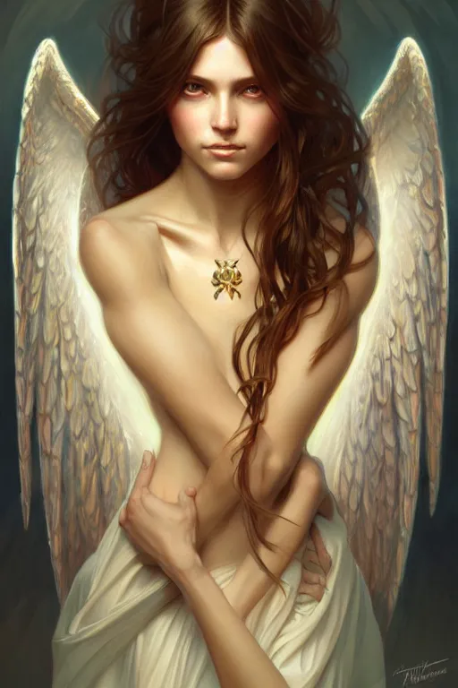 Prompt: Angel portrait, fantasy, amber eyes, face, long hair, intricate, elegant, highly detailed, digital painting, artstation, concept art, smooth, sharp focus, illustration, art by artgerm and greg rutkowski and alphonse mucha