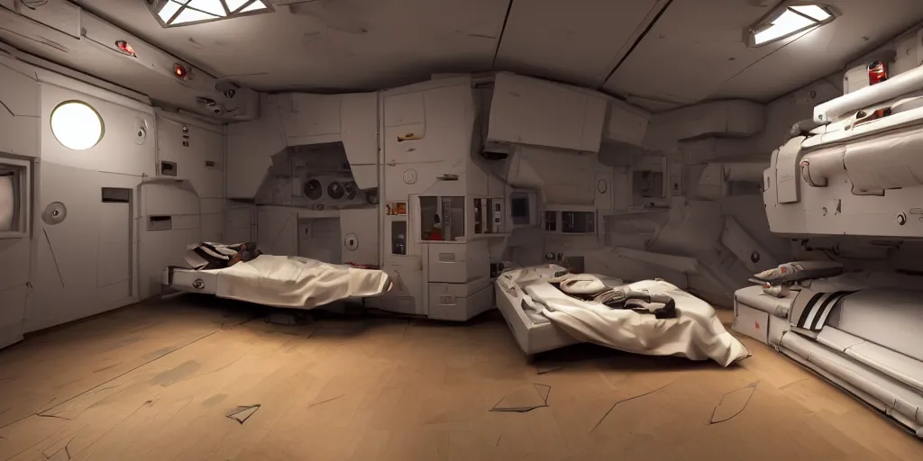 Image similar to Room of a spacecraft, with a bunk bed, warm tones, lights, gloom and lights, photo realistic, playing, CGI, Unreal Engine, Hdri