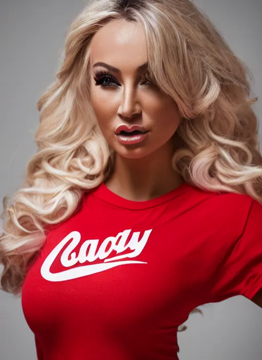 Image similar to portrait of lindsey pelas wearing red t shirt and hot pants, by charlotte grimm, natural light, detailed face, beautiful features, symmetrical, canon eos c 3 0 0, ƒ 1. 8, 3 5 mm, 8 k, medium - format print,