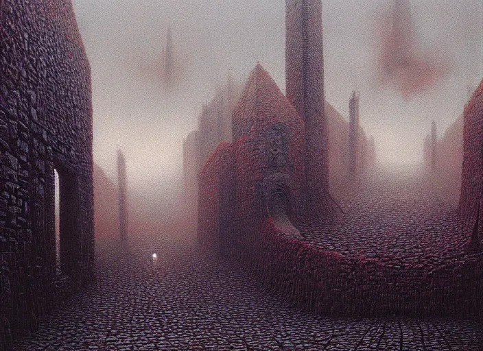 Prompt: painting of town of eldritch entities beyond human comprehension, Zdzislaw Beksinski, Lewis Jones, Wayne Barlowe, street view, gothic, lovecraftian, cosmic horror, grotesque, warm hue's