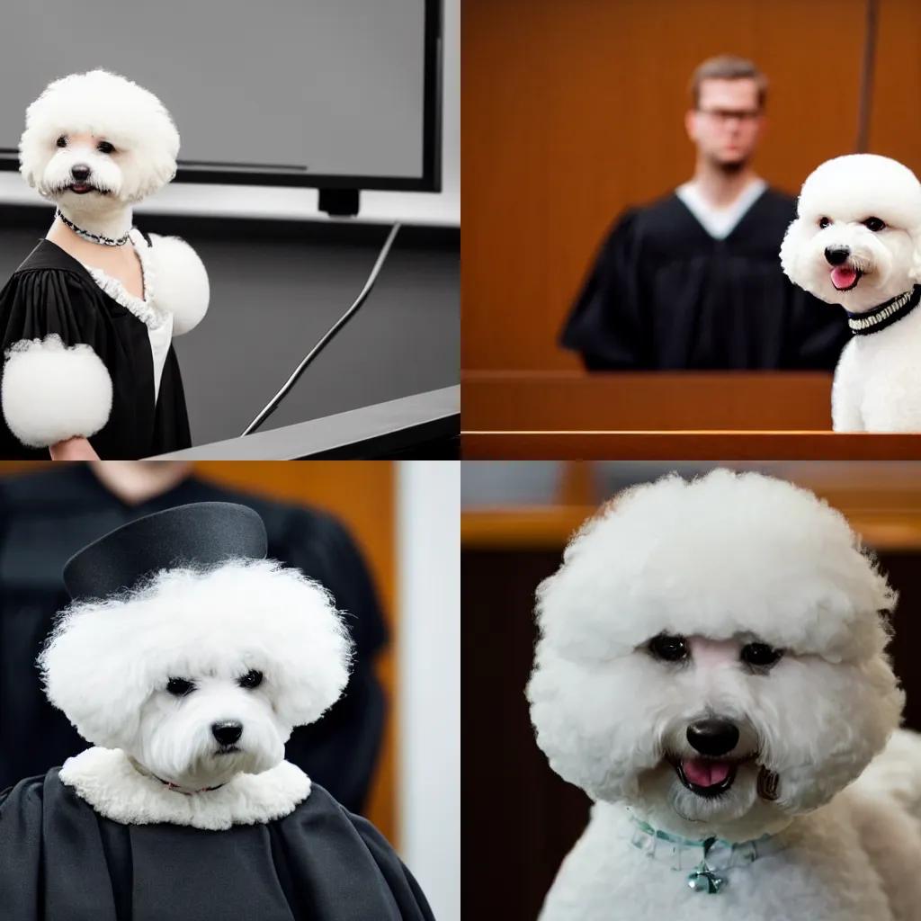 Image similar to a closeup photorealistic photograph of a cute smiling white bichon frise judge wearing a black gown and speaking to the courtroom. this 4 k hd image is trending on artstation, featured on behance, well - rendered, extra crisp, features intricate detail, epic composition and the style of unreal engine.