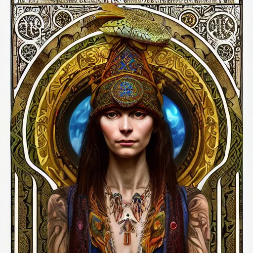 Image similar to a portrait of a lizard shaman, upper half portrait, decorated with russian motifs, russian shaman, siberia, traditional russia, intricate, elegant, highly detailed, symmetry, headpiece, digital painting, artstation concept art smooth sharp focus, illustration, art by artgerm and greg rutkowski alphonse mucha 8 k