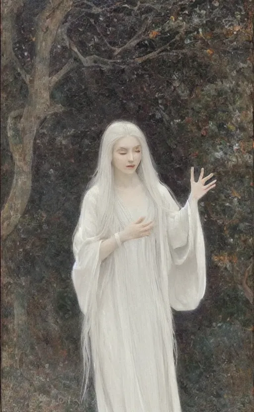 Prompt: say who is this with silver hair so pale and wan! and thin? female angel in white robes flowing hair body, white dress!! of silver hair, covered!!, clothed!! lucien levy - dhurmer, fernand keller, oil on canvas, 1 8 9 6, 4 k resolution, aesthetic, mystery