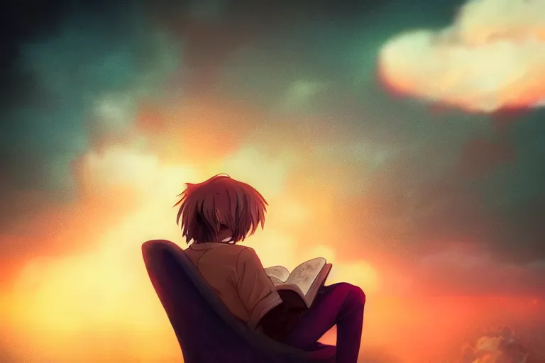 Prompt: an anime wizard reading a book on a cloud relaxing, misty, glows, digital art, hazy, foggy, ambient lighting, 8 k, neon, synthwave,