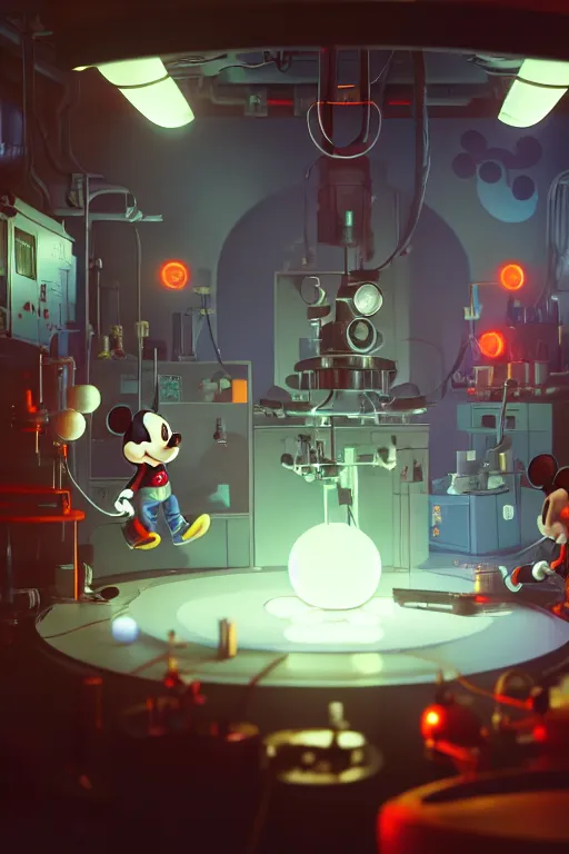 Image similar to bunch of mechanics operating bloody mickey mouse in science facility, big glowing netflix logo behind, greg rutkowski, beeple, gilleard, alphonse mucha cgsociety, unreal engine, octane render, highly detailed 4 k art, smooth, sharp focus, cinematic lighting,