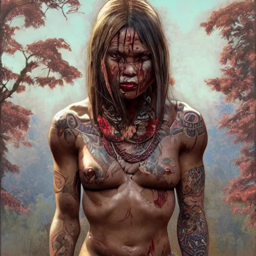 Prompt: zoomed out portrait painting of a muscular bloodied tribal girl butcher, tattooed, lower back, ultra realistic, concept art, intricate details, eerie, highly detailed, photorealistic, octane render, 8 k, unreal engine. art by artgerm and greg rutkowski and alphonse mucha