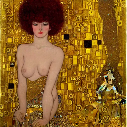 Prompt: a goddess a red haired goddess surrounded by gold by manara, and klimt