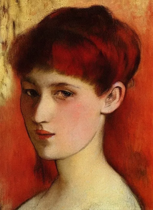 Image similar to portrait of a lovely! young woman!! 19th century haircut! red hair! looking at us! slight smile! natural light, by Edgar Degas