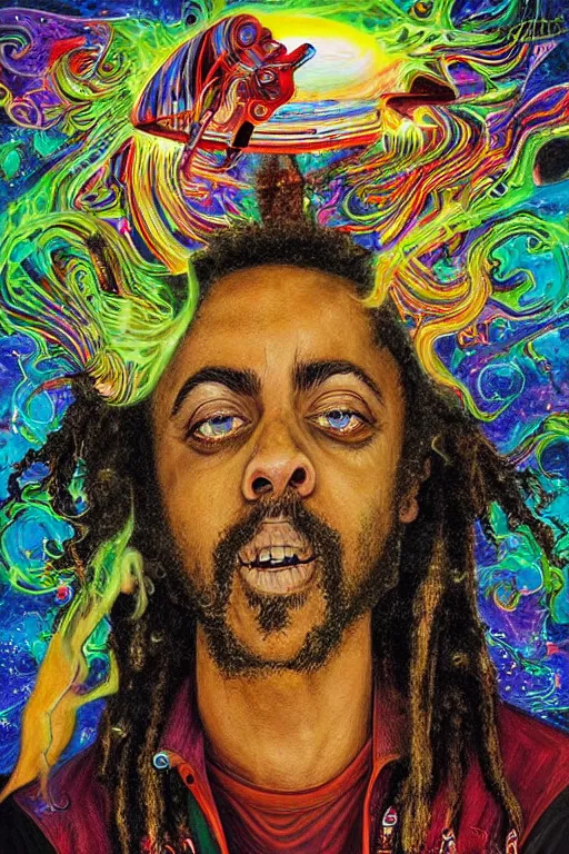 Image similar to a high hyper detailed painting with many complex textures of damian marley making music in the cosmos, cosmic surreal psychedelic magic realism spiritual ufo art