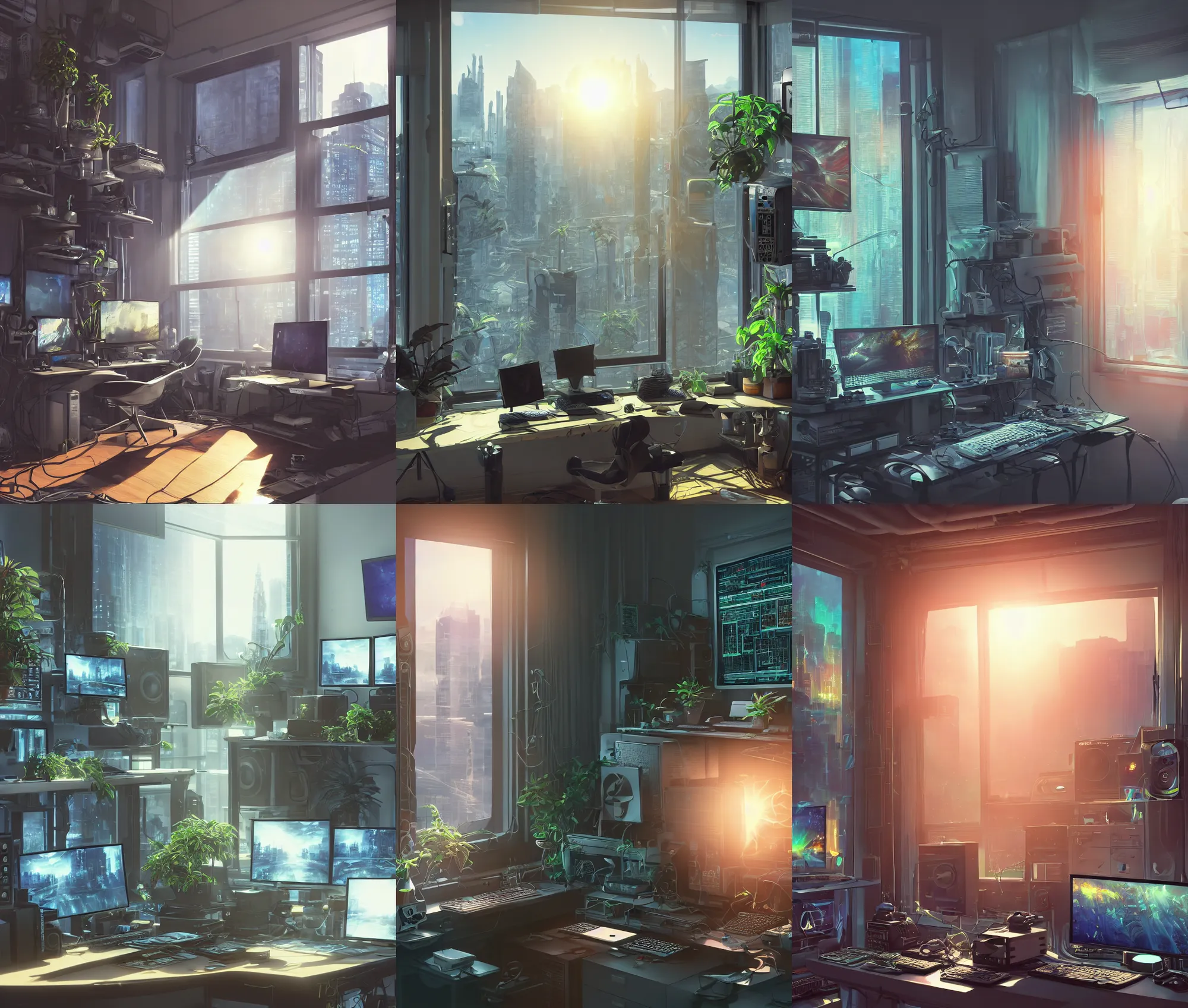 Prompt: detailed scifi artstation scene of a complex computer workstation in a small studio apartment room, single potted plant, many monitors, many electronics, a window view of the city, maximalism, volumetric light, sunny amber morning light, sun beam, cinematic composition, unreal engine, hyperrealism, realistic shading, blender render, photorealistic, wide shot